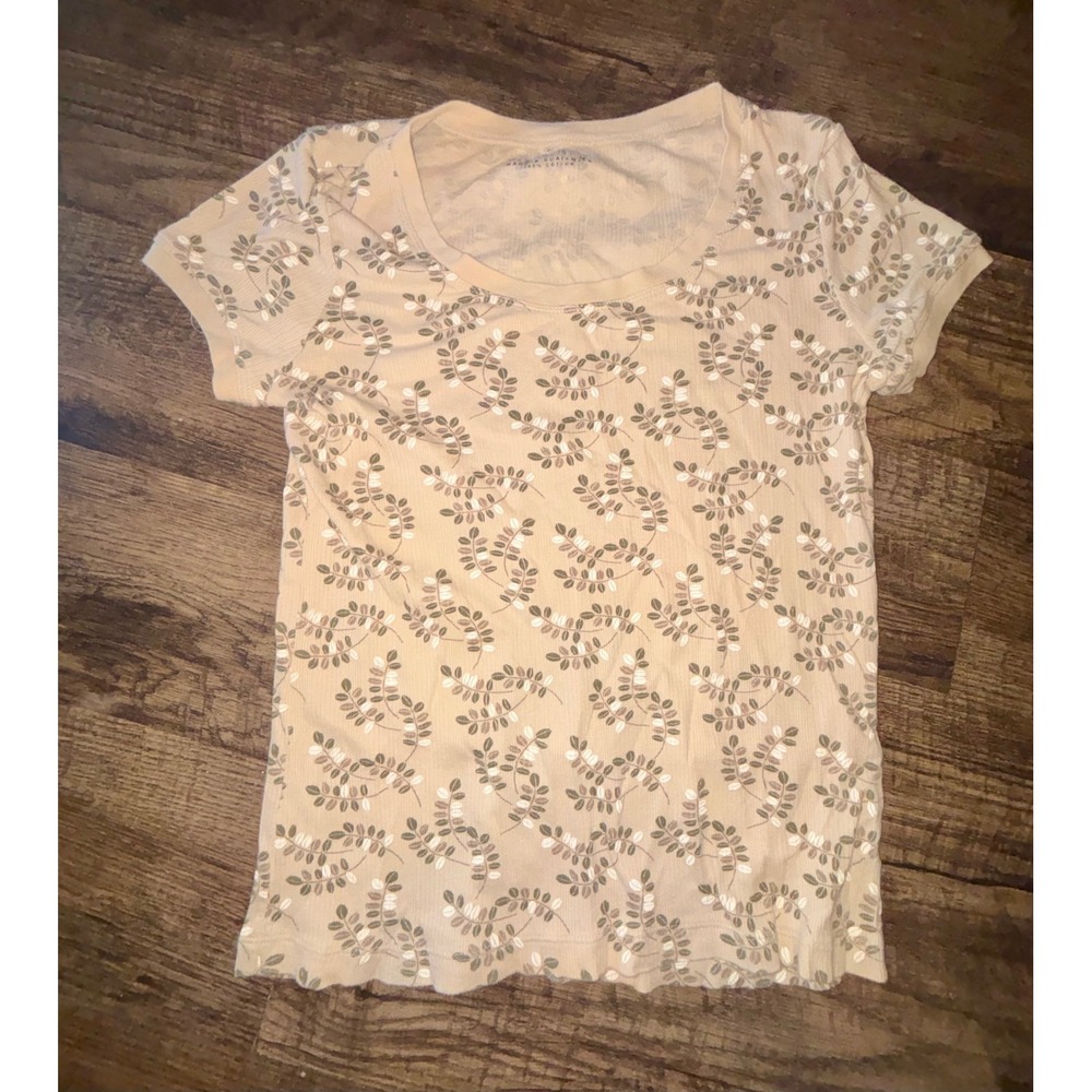 Route 66 Tan Ribbed Cotton Leaf Print Short Sleeve T-Shirt Medium Cottagecore